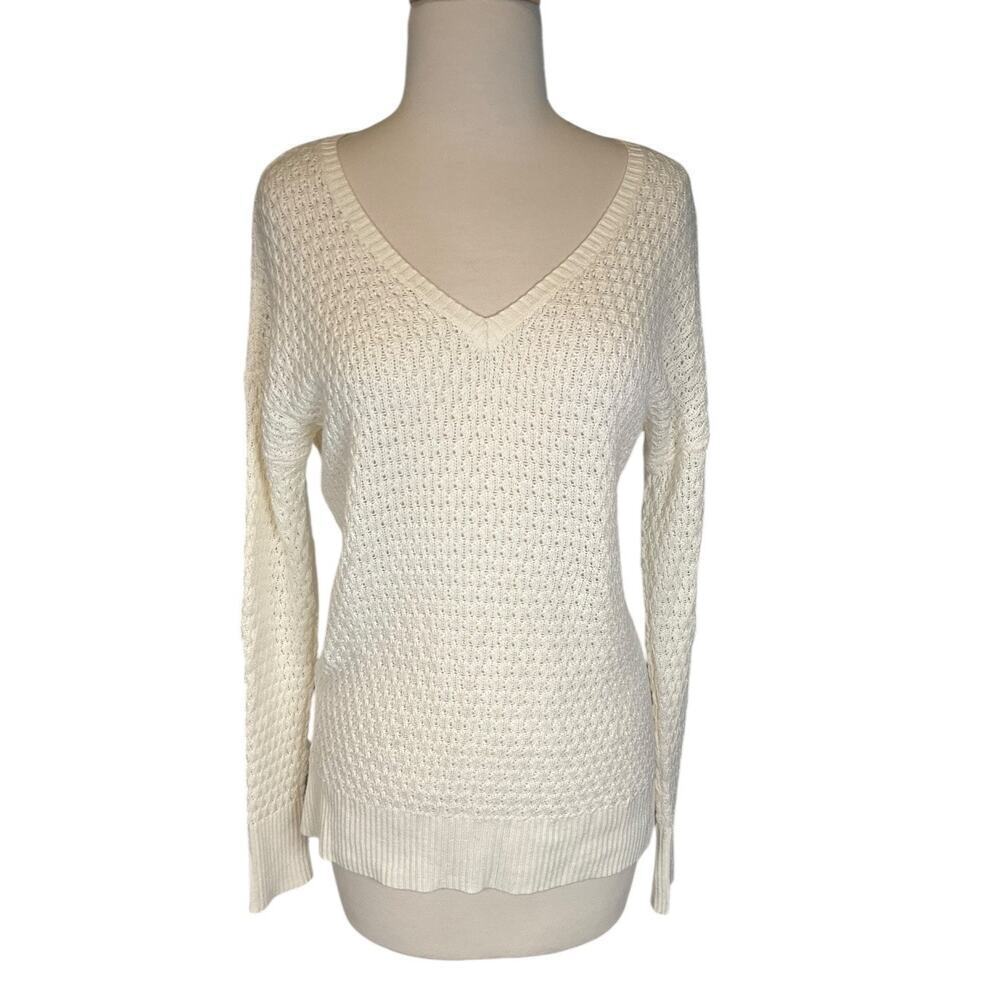 American Eagle V-Neck Sweater White Size Small Light Weight Waffle Knit
